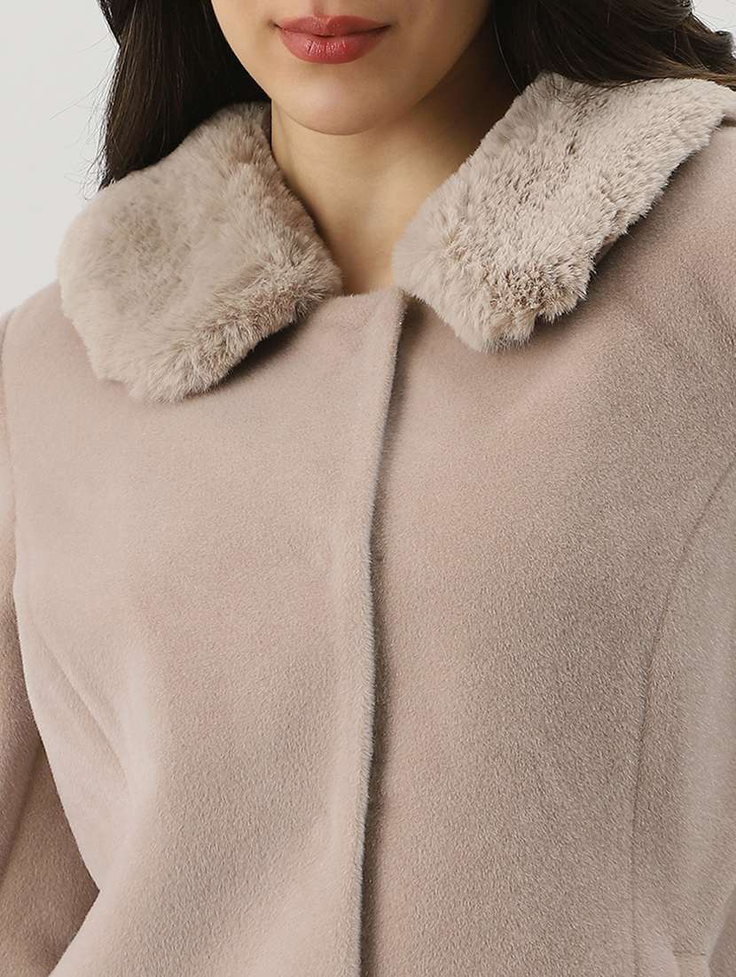 globus women beige peter pan collar long sleeves faux fur detail 2 pockets winterwear overcoat - 22147779 -  Standard Image - 4