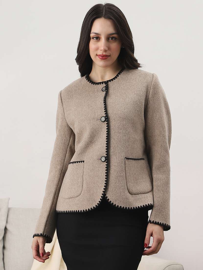 globus women brown round neck long sleeves embroidered detail self design 2 pockets winterwear overcoat