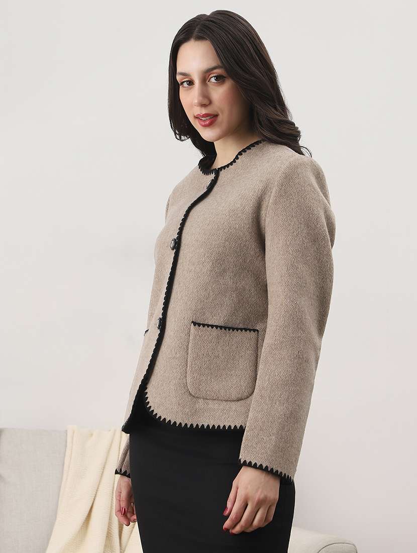 globus women brown round neck long sleeves embroidered detail self design 2 pockets winterwear overcoat - 22147780 -  Standard Image - 1