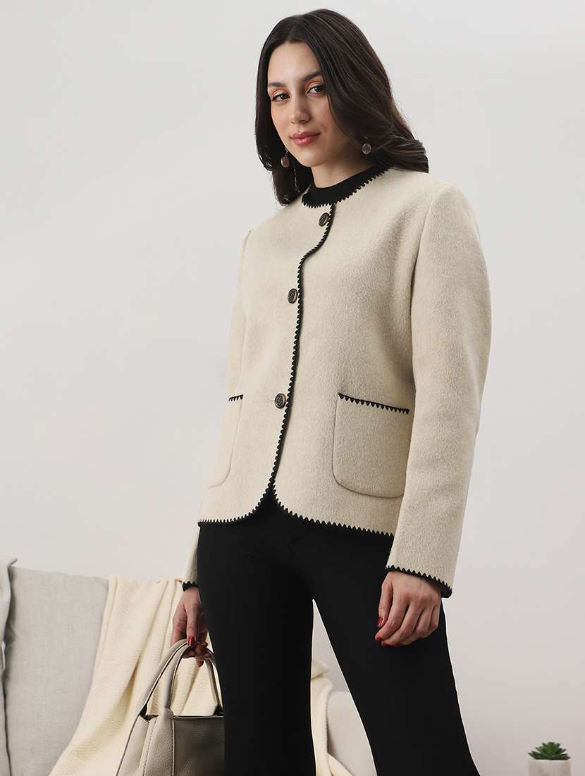 globus women camel beige round neck long sleeves embroidered detail self design 2 pockets winterwear overcoat - 22147781 -  Standard Image - 1