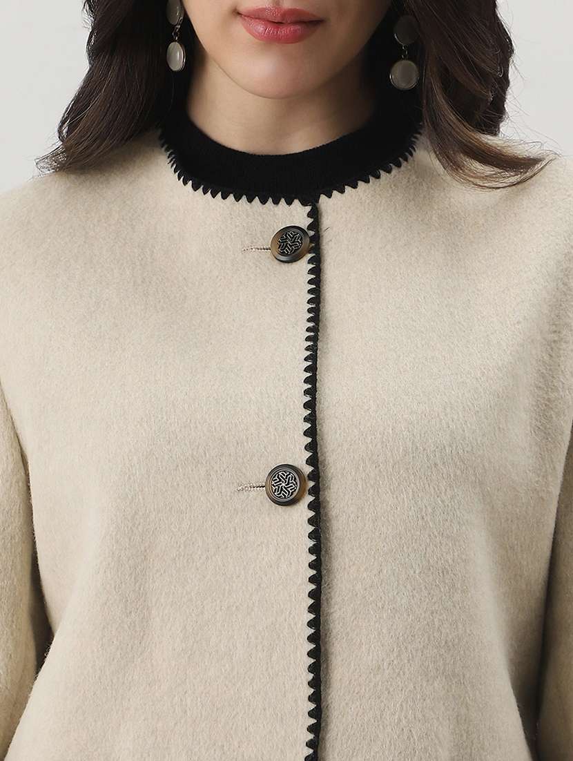 globus women camel beige round neck long sleeves embroidered detail self design 2 pockets winterwear overcoat - 22147781 -  Standard Image - 4