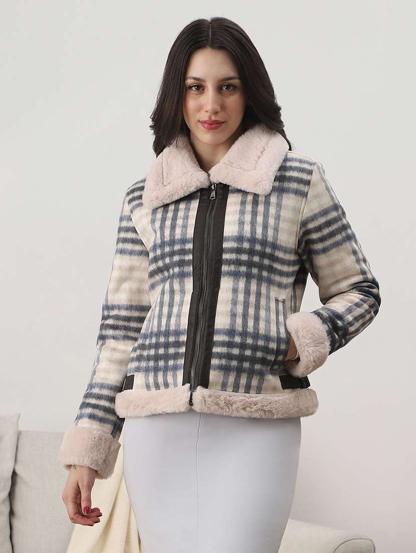 globus women cream spread collar long sleeves checked faux fur 2 pockets winter wear jacket - 22147785 -  Standard Image - 1