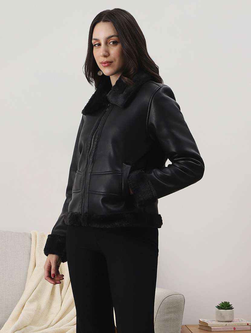 women black solid leather regular jacket - 22147786 -  Standard Image - 1