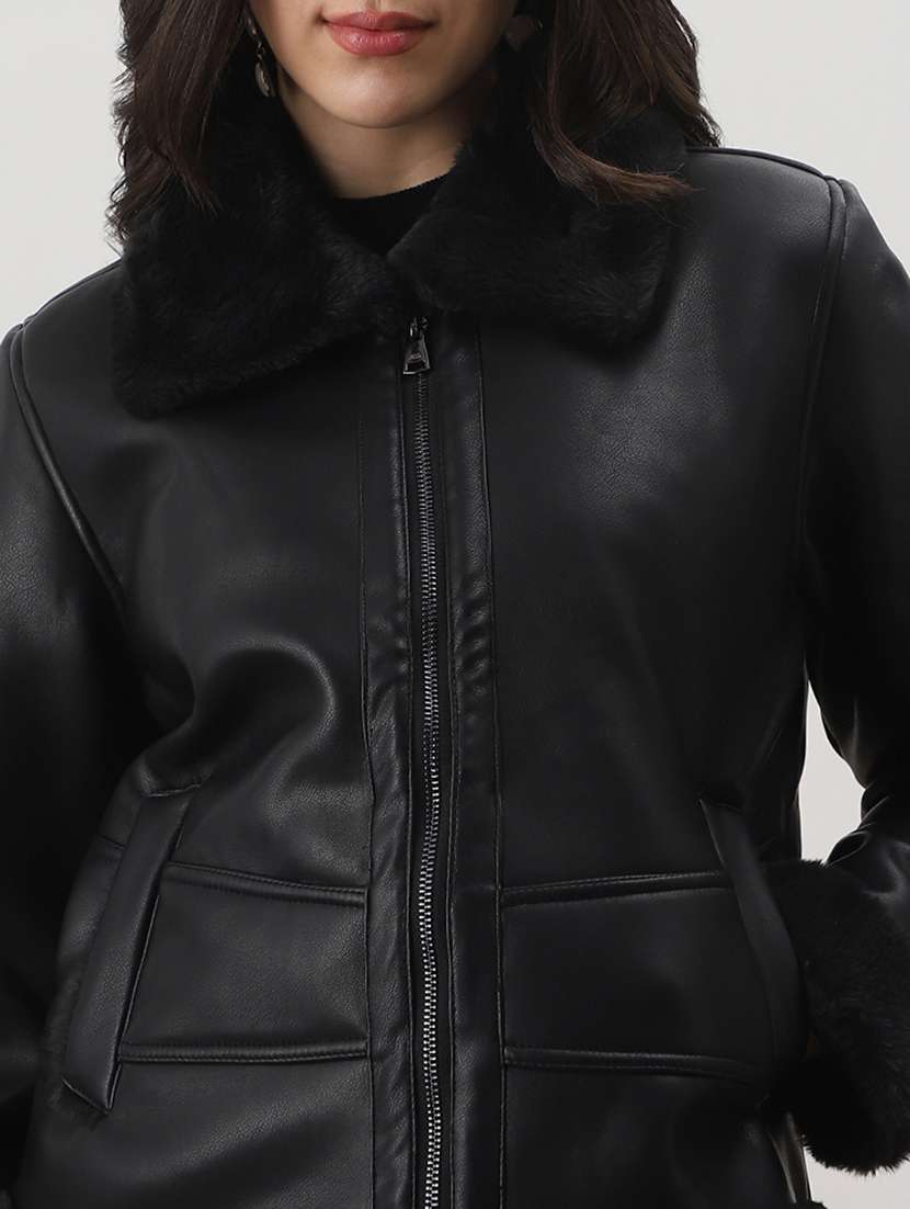 women black solid leather regular jacket - 22147786 -  Standard Image - 4