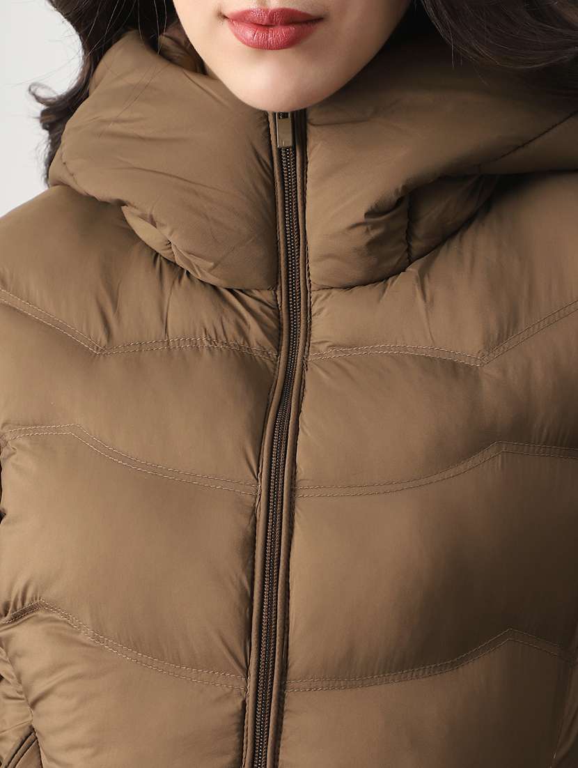 globus women brown long sleeves front zip 2 pockets hooded winterwear puffer jacket - 22147788 -  Standard Image - 4