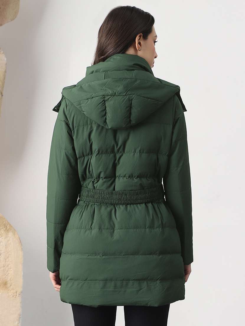 globus women green mock neck long sleeves belted winter wear insulator puffer jacket with detachable hood - 22147789 -  Standard Image - 1