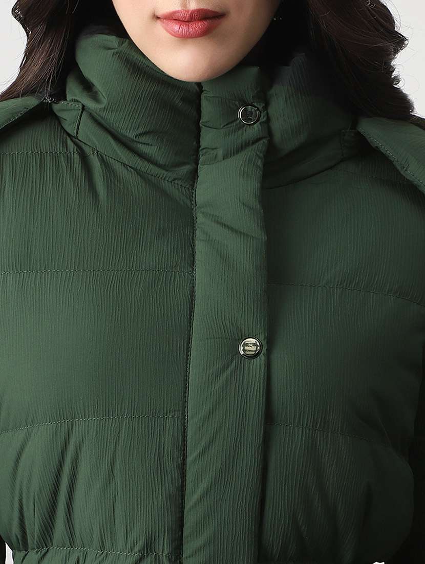 globus women green mock neck long sleeves belted winter wear insulator puffer jacket with detachable hood - 22147789 -  Standard Image - 4