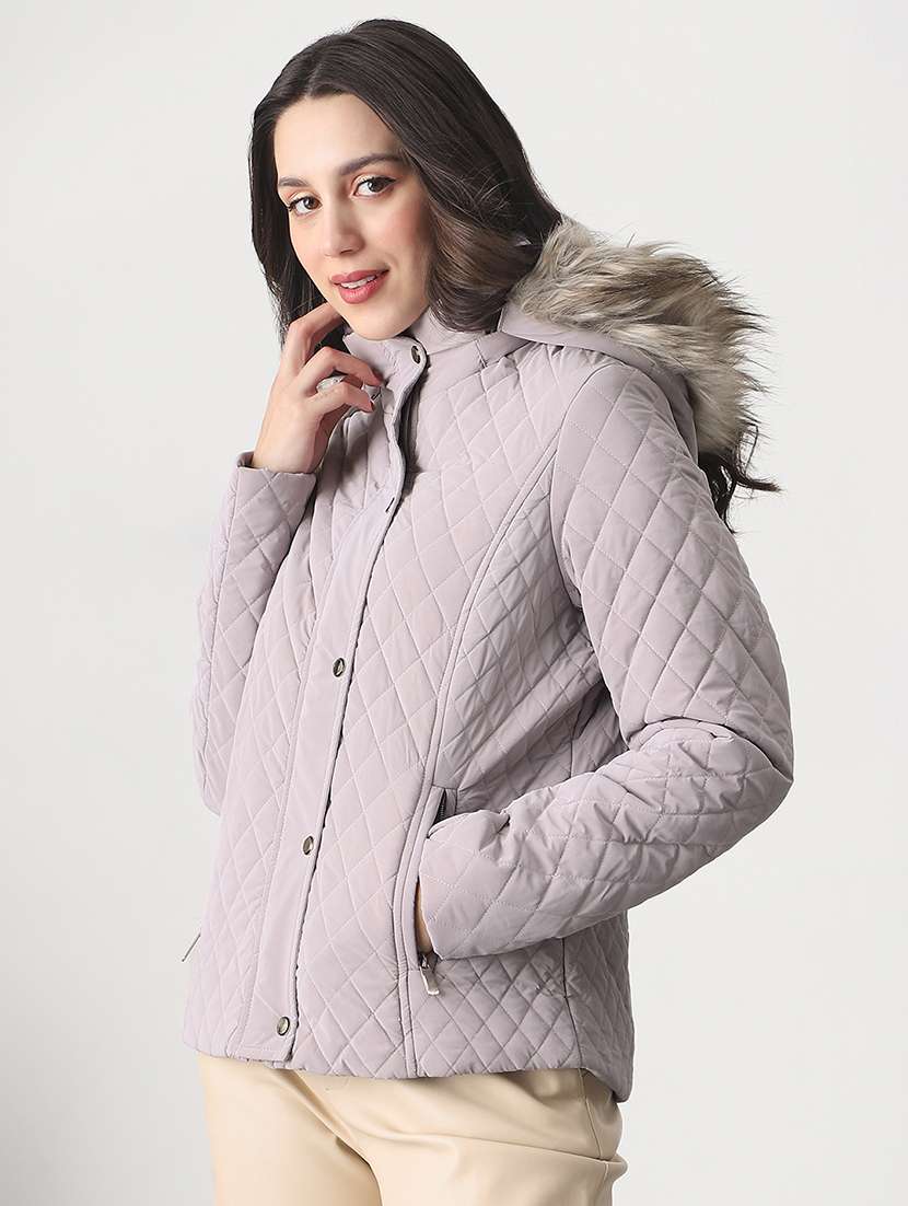 Globus Women Mauve Mock Neck Winter Wear Insulator Puffer Jacket With Detachable Faux Fur Hood - 22147790 -  Standard Image - 1