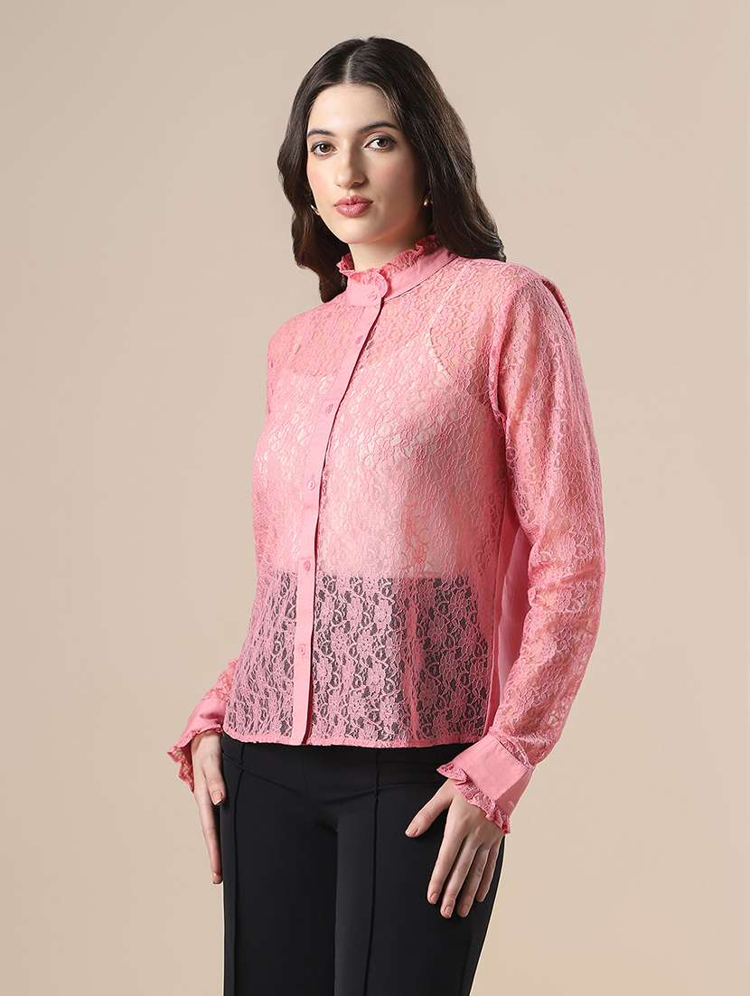 globus women pink frilled neck cuffed sleeves curved hem floral lace party shirt - 22147792 -  Standard Image - 1