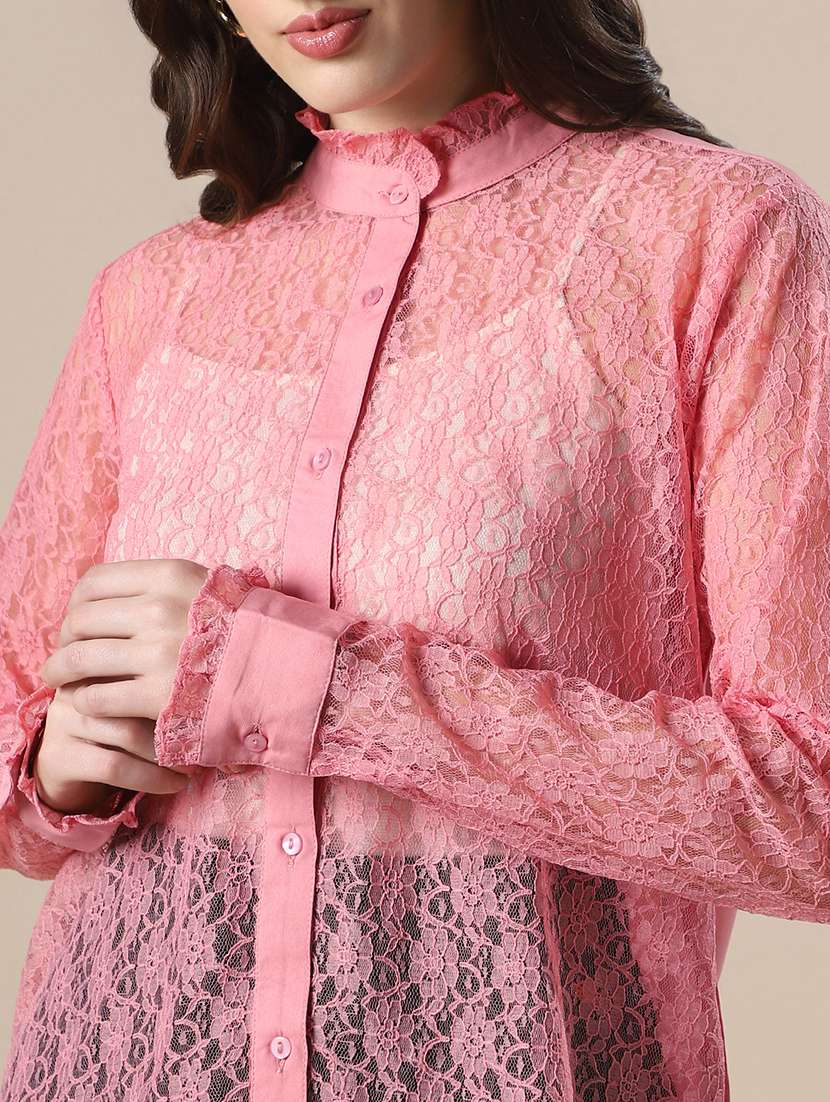 globus women pink frilled neck cuffed sleeves curved hem floral lace party shirt - 22147792 -  Standard Image - 4