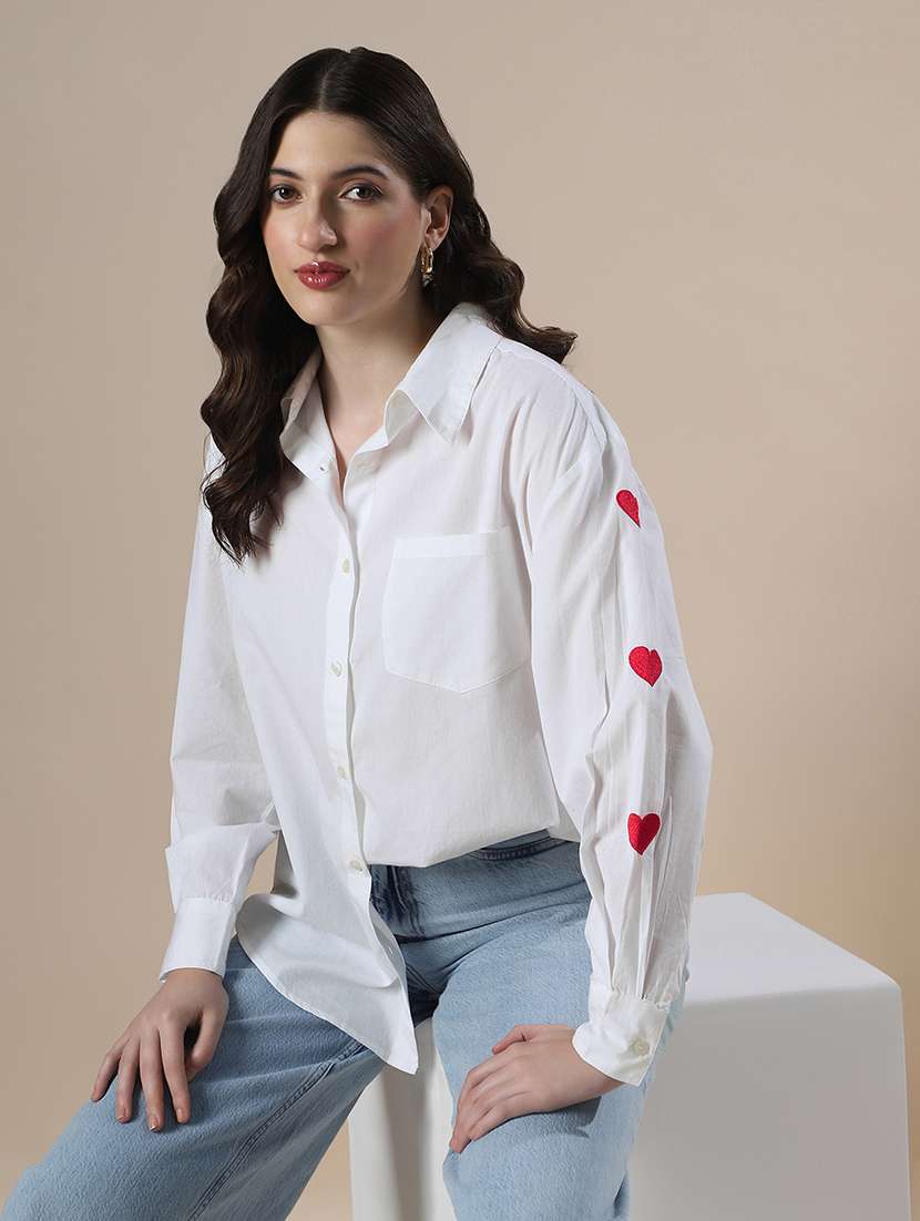 globus women white collared neck embroidered detail cuffed sleeves high-low hem oversized party shirt