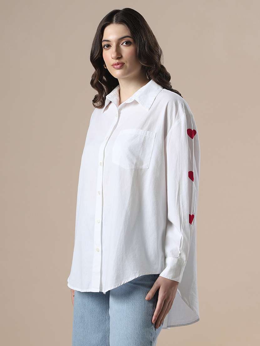globus women white collared neck embroidered detail cuffed sleeves high-low hem oversized party shirt - 22147793 -  Standard Image - 1