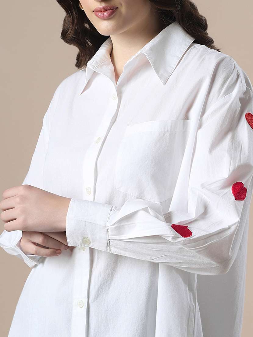 globus women white collared neck embroidered detail cuffed sleeves high-low hem oversized party shirt - 22147793 -  Standard Image - 4