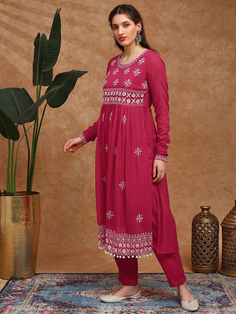 globus women magenta floral embroidered pleated high-slit pom pom hem a-line kurta & pants festive set - 22147795 -  Standard Image - 1