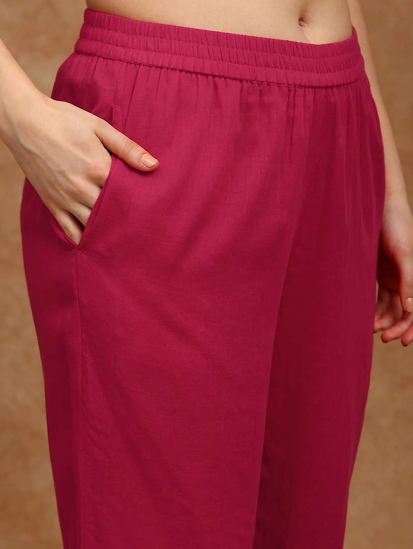 globus women magenta floral embroidered pleated high-slit pom pom hem a-line kurta & pants festive set - 22147795 -  Standard Image - 4