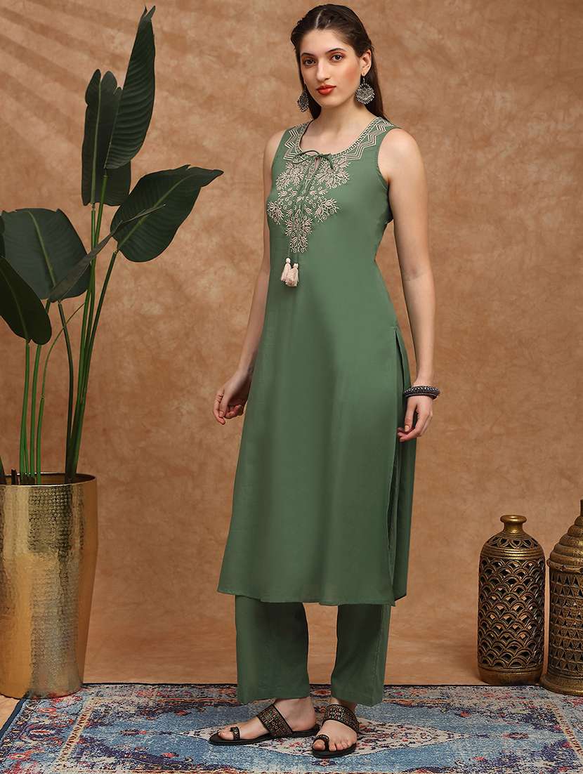 globus women green embroidered yoke tie-up detail straight kurta with pants set - 22147799 -  Standard Image - 1