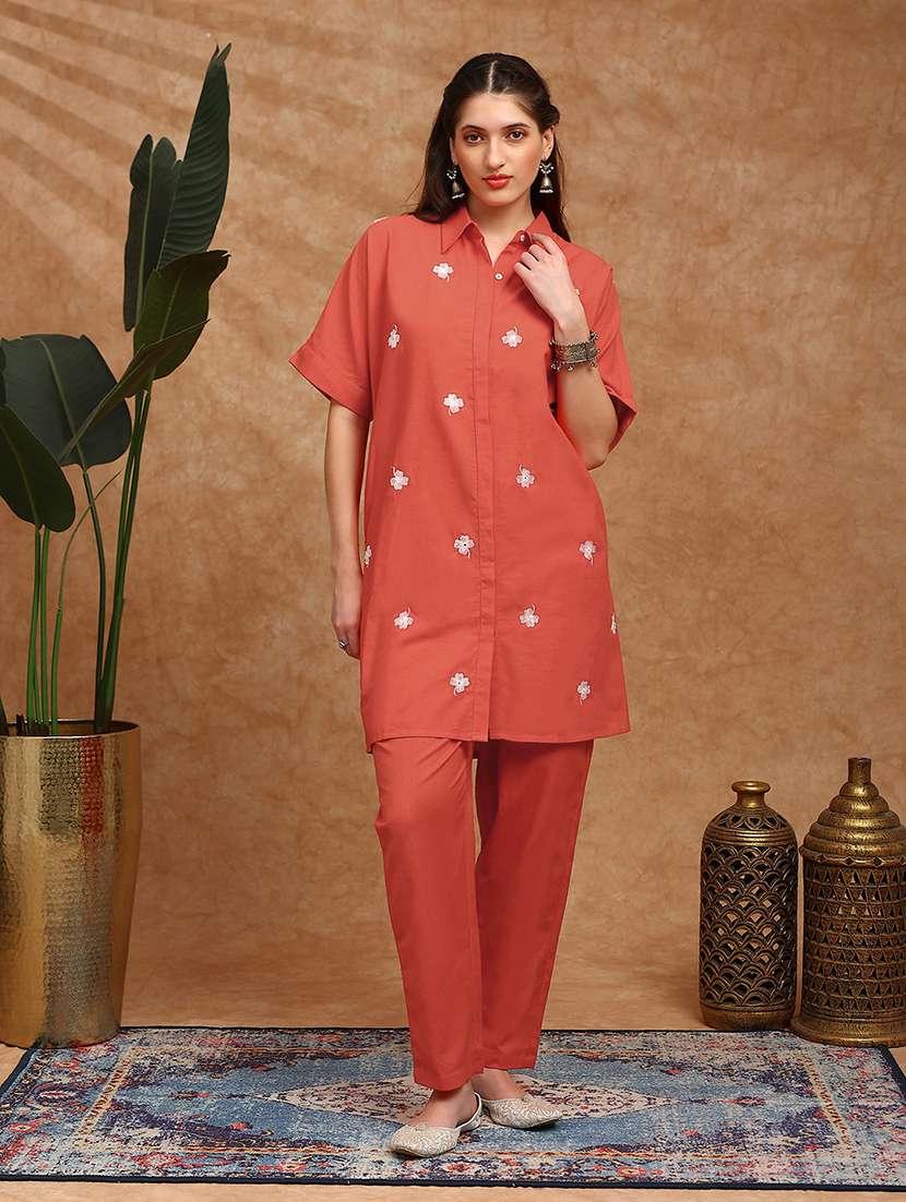 globus women orange shirt collar extended sleeves floral embroidered straight kurta with pants fusion set