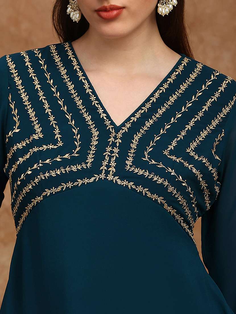 globus women teal v-neck floral zari embroidered yoke georgette a-line kurta with sharara festive set - 22147804 -  Standard Image - 4