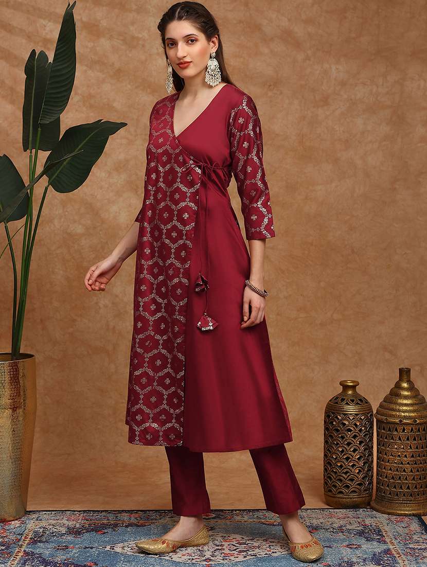 globus women maroon v-neck floral foil print angrakha a-line kurta with pants festive set - 22147805 -  Standard Image - 1