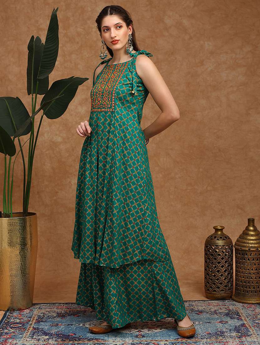 globus women green coin detail tie-up shoulder straps embroidered yoke ethnic foil print front slit a-line kurta & palazzos set - 22147806 -  Standard Image - 1
