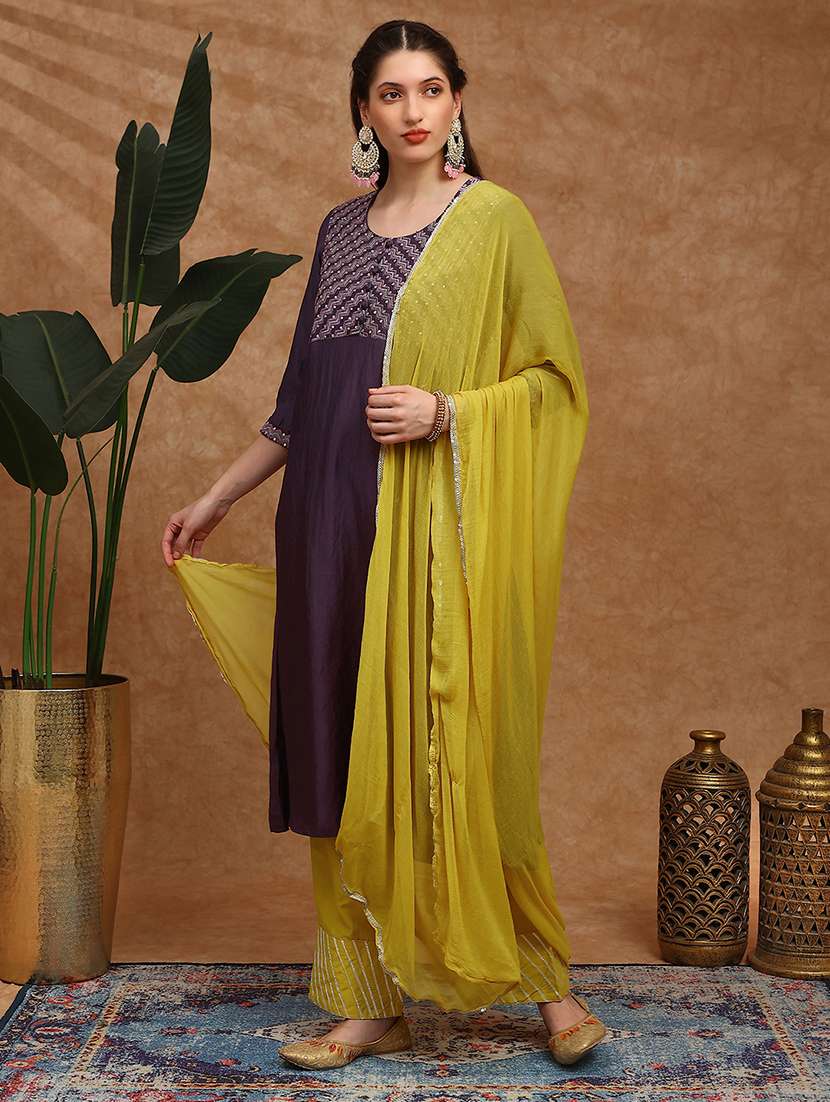 women embroidered three quarter sleeve kurta pant with dupatta set - 22147807 -  Standard Image - 1