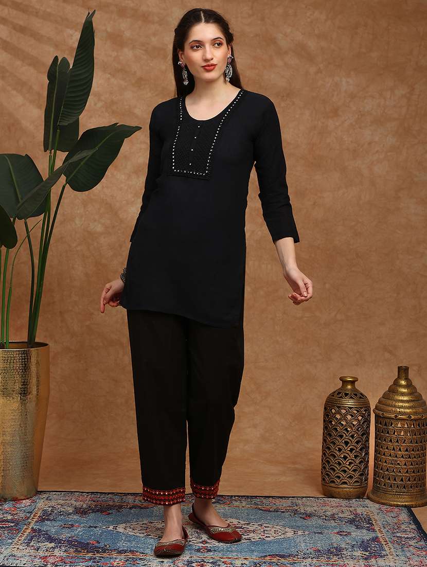 globus women black embroidered hem straight fit mid rise ethnic pant - 22147809 -  Standard Image - 1