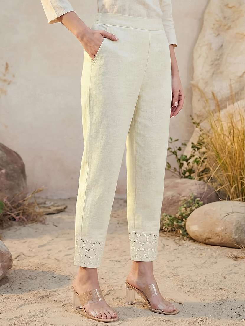 globus women off-white high rise schiffli hem straight fit ethnic pants - 22147810 -  Standard Image - 1