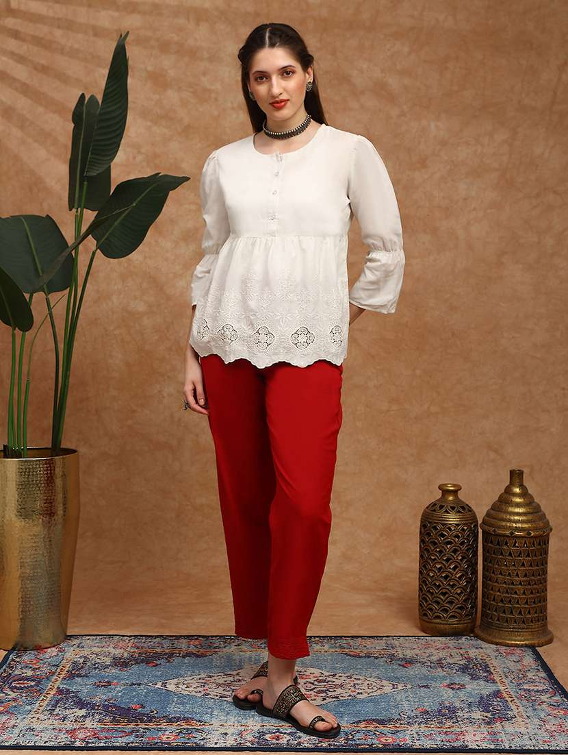 globus women maroon high rise schiffli hem straight fit ethnic pants - 22147811 -  Standard Image - 4