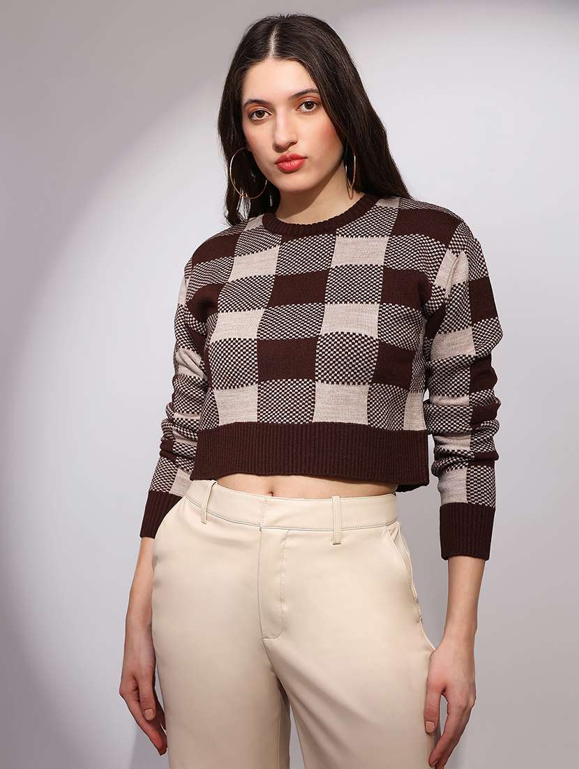 globus women brown round neck long sleeves checkered ribbed hem winterwear pullover sweater