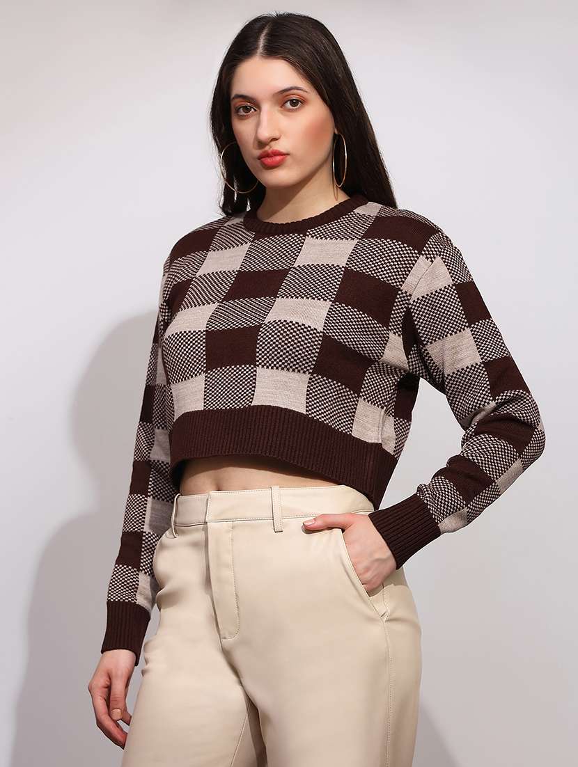 women checkered long sleeve crop pullover - 22147812 -  Standard Image - 1