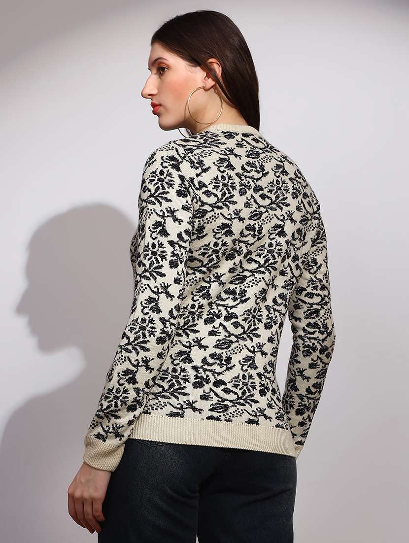 globus women black round neck long sleeves floral print ribbed hem winterwear pullover sweater - 22147813 -  Standard Image - 1