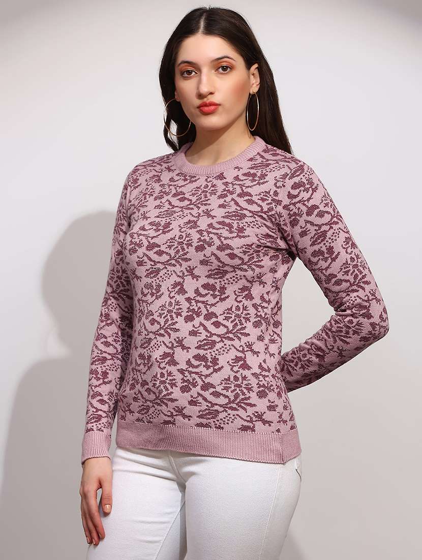globus women pink round neck long sleeves floral print ribbed hem winterwear pullover sweater - 22147814 -  Standard Image - 1