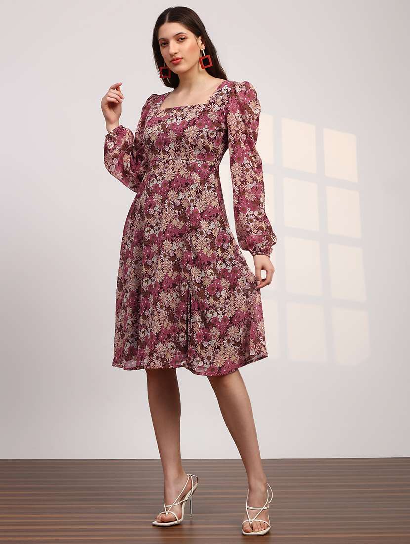 globus women multicolour georgette floral printed square neck bishop sleeves stylized back fit & flare midi dress - 22147815 -  Standard Image - 1
