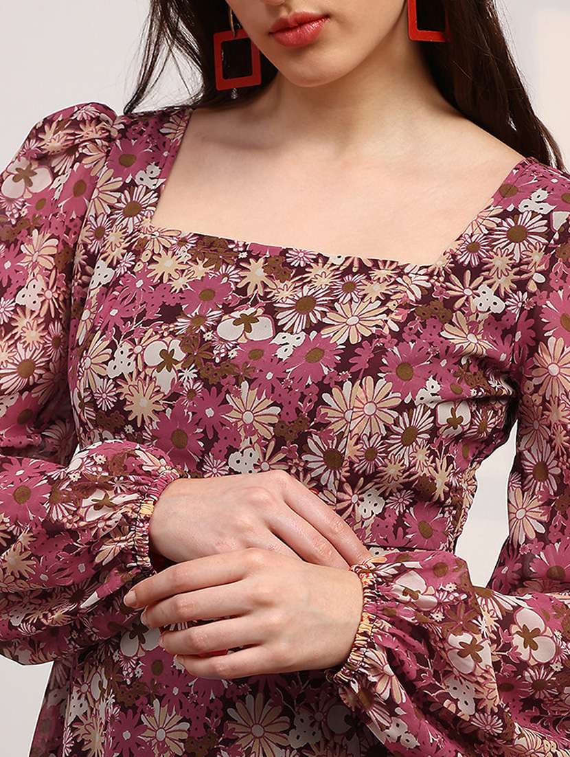 globus women multicolour georgette floral printed square neck bishop sleeves stylized back fit & flare midi dress - 22147815 -  Standard Image - 4