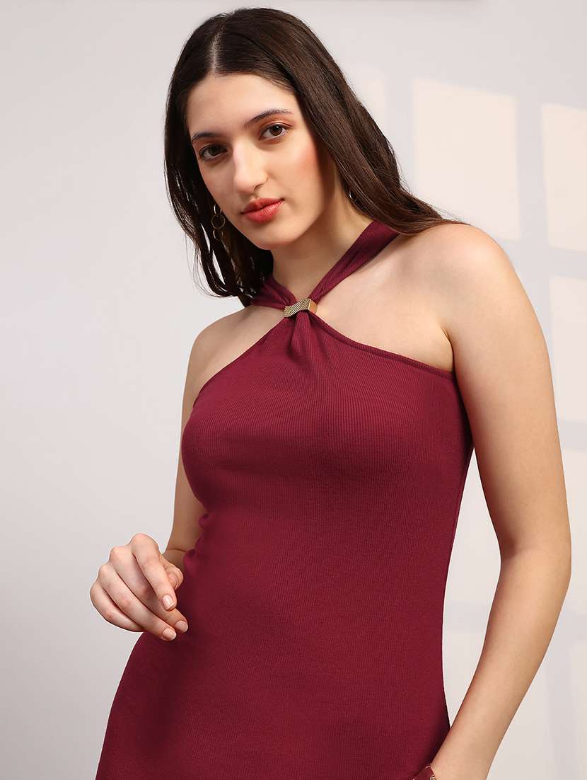 globus women maroon halter neck ribbed midi bodycon dress - 22147816 -  Standard Image - 4