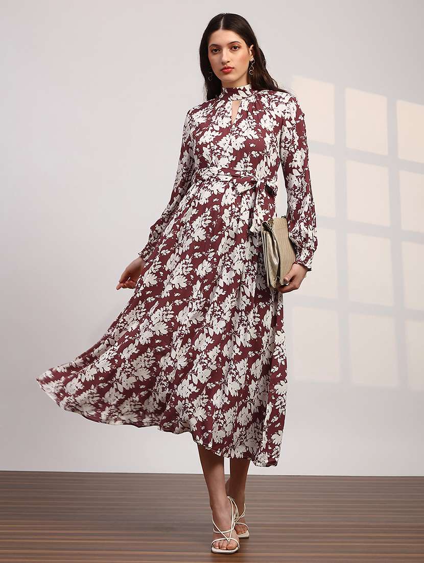 globus women maroon allover floral print high neck bishop sleeves belted fit & flare midi dress