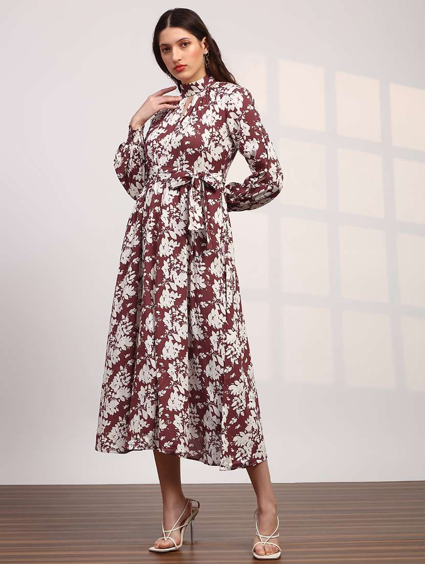 globus women maroon allover floral print high neck bishop sleeves belted fit & flare midi dress - 22147818 -  Standard Image - 1