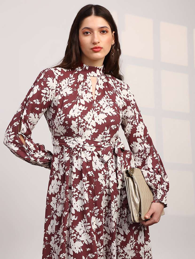 globus women maroon allover floral print high neck bishop sleeves belted fit & flare midi dress - 22147818 -  Standard Image - 4