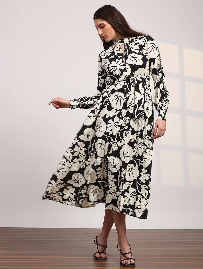 globus women black allover floral print high neck bishop sleeves belted fit & flare midi dress - 22147819 -  Standard Image - 1