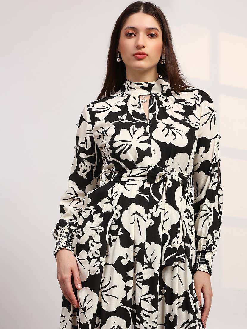 globus women black allover floral print high neck bishop sleeves belted fit & flare midi dress - 22147819 -  Standard Image - 4