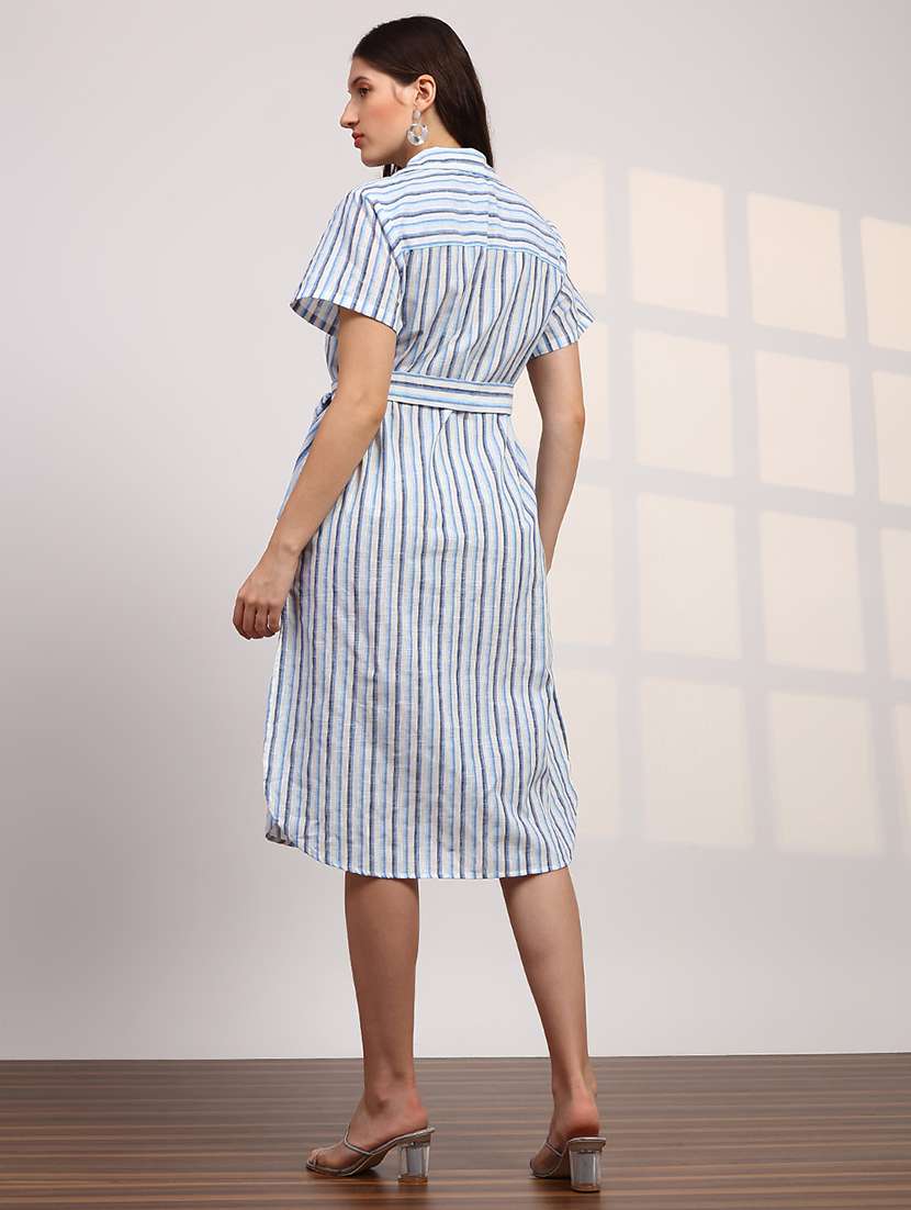globus women blue stripes printed collared neck curved hem button-down belted shirt style dress - 22147820 -  Standard Image - 1