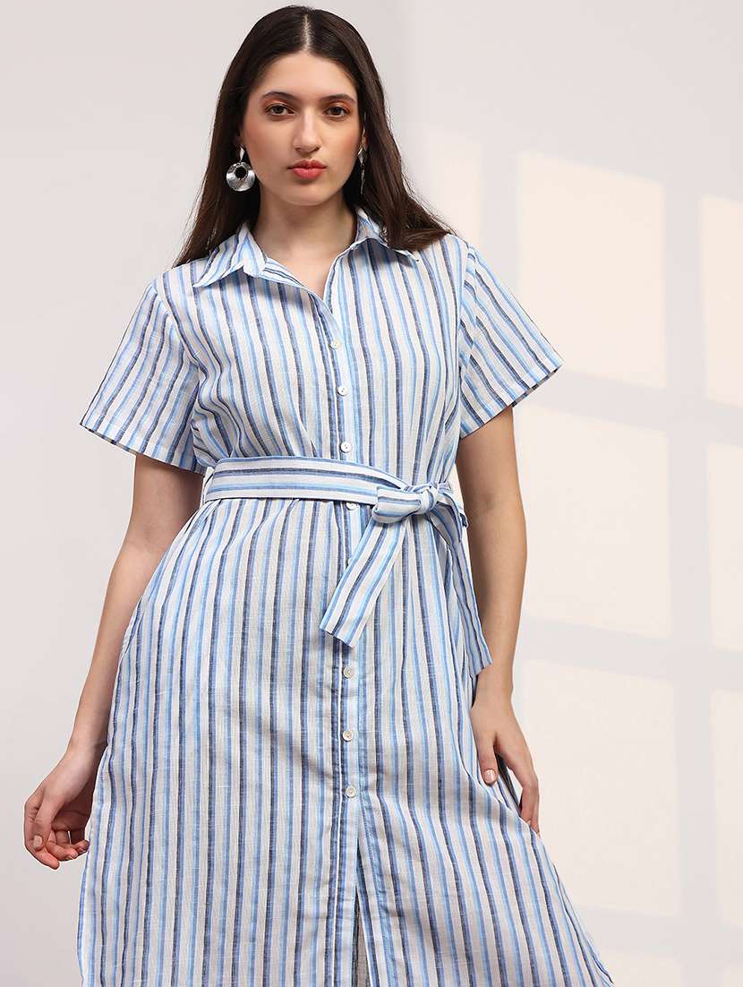 globus women blue stripes printed collared neck curved hem button-down belted shirt style dress - 22147820 -  Standard Image - 4