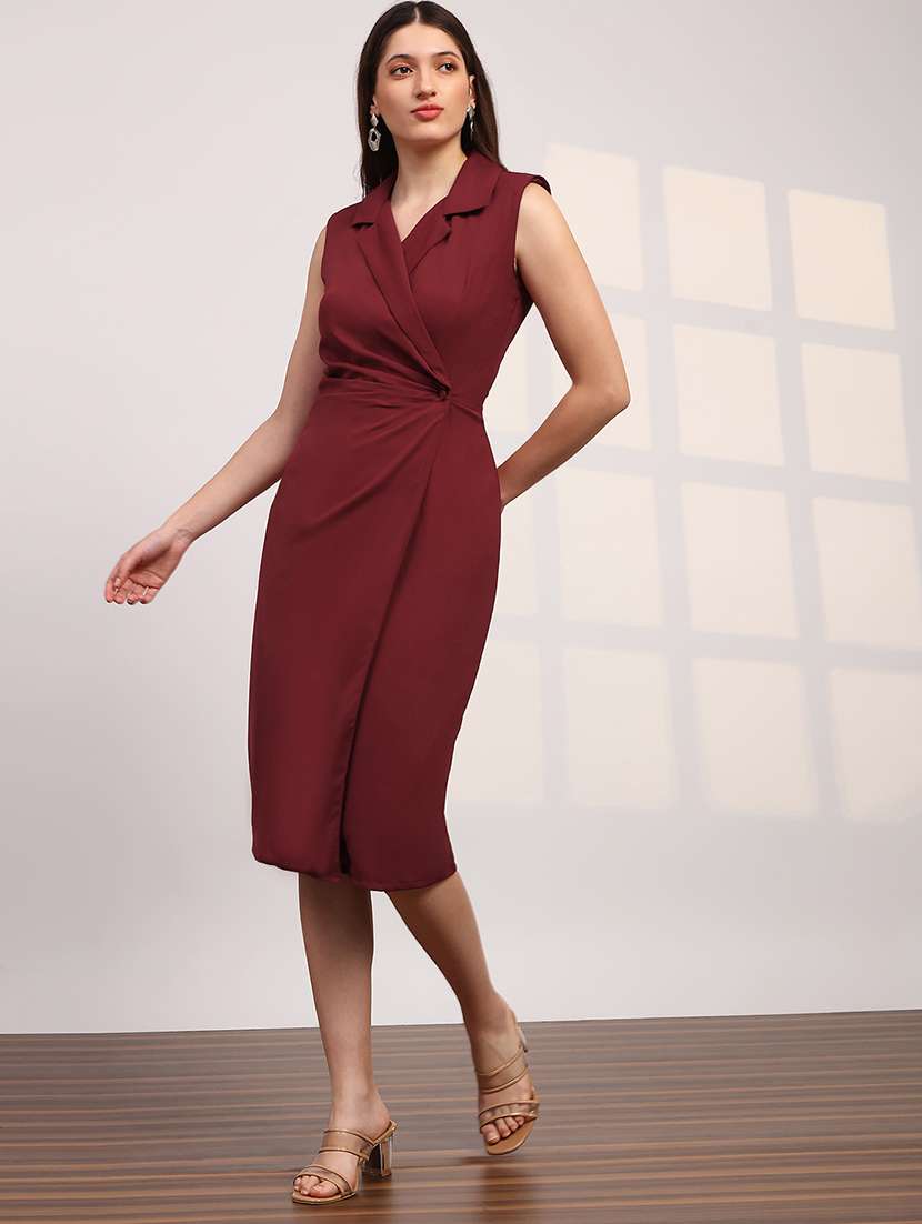 globus women maroon notch lapel pleated detail midi workwear blazer dress - 22147825 -  Standard Image - 1