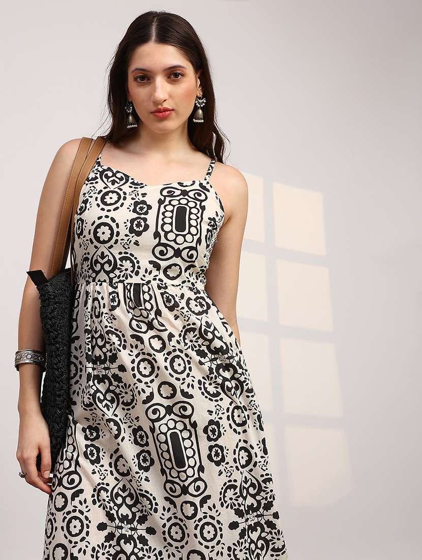 globus women black ethnic printed v-neck strappy sleeves smocked tiered fit & flare maxi dress - 22147826 -  Standard Image - 4