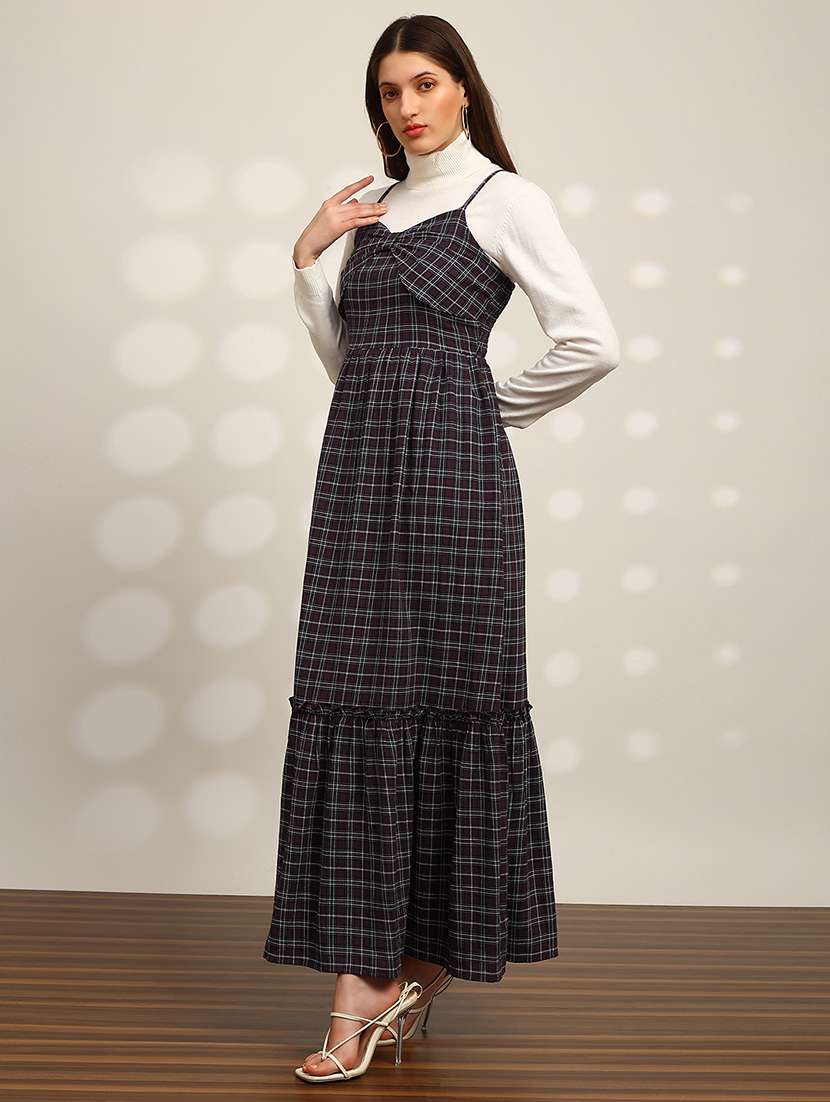 globus women maroon checkered strappy sleeves sweetheart neck bow detail smocked tiered fit & flare maxi dress - 22147827 -  Standard Image - 1