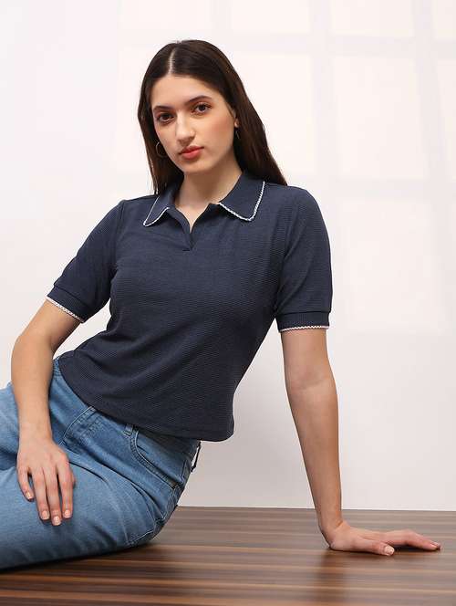women solid short sleeve collared top - 22147828 -  Standard Image - 0