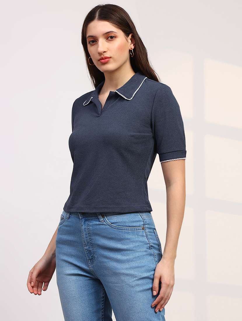 women solid short sleeve collared top - 22147828 -  Standard Image - 1