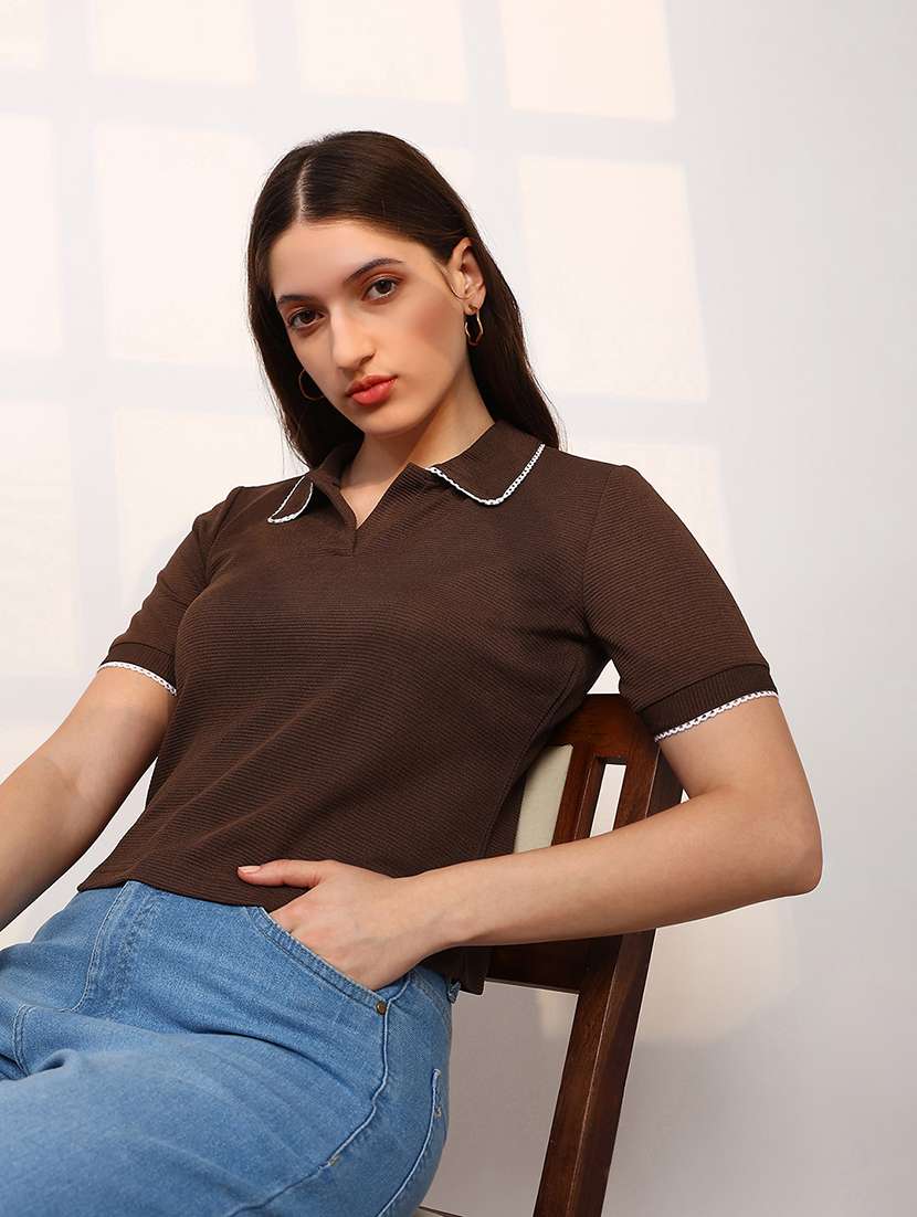 globus women brown self design short sleeve collared neck lace detail top