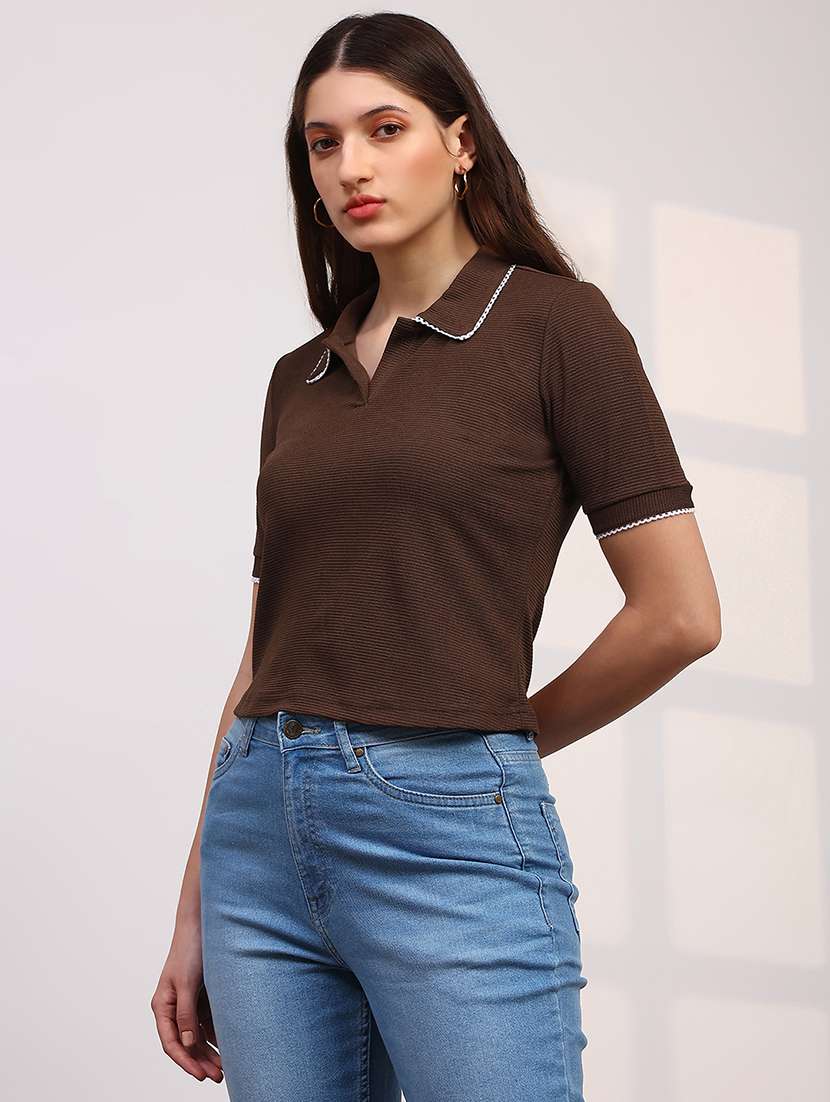 women solid short sleeve collared regular top - 22147829 -  Standard Image - 1
