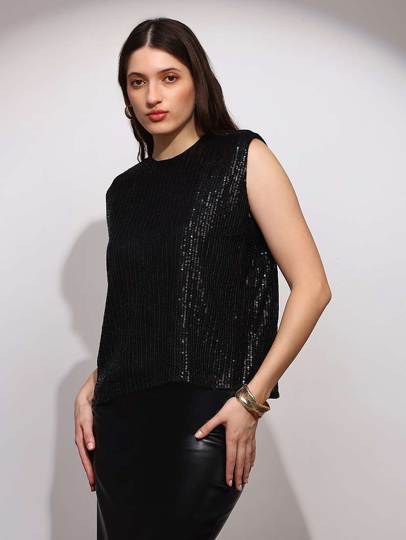 globus women black sequinned embellished round neck sleeveless party top - 22147830 -  Standard Image - 1